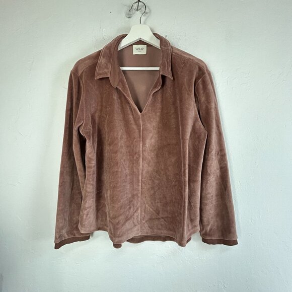 Wrap London Womens Velour V-Neck Collared Pullover Top Size 8 Brown Long Sleeve - Picture 1 of 8
